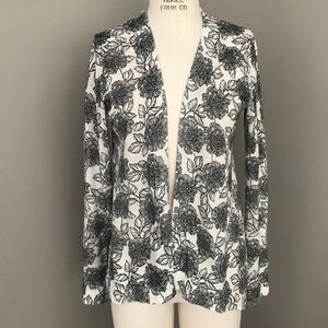 Market & Spruce Black White Floral Open Front Sweater Small Linen Blend Ltweight